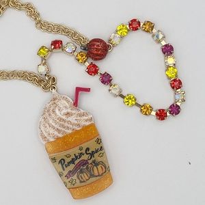 New Betsey Johnson long pumpkin spice latte necklace with rhinestones autumn